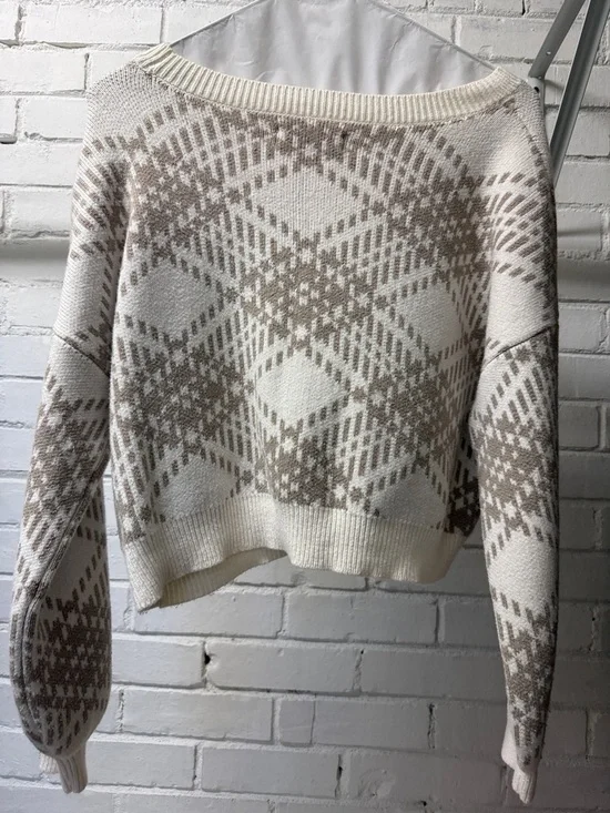 Hollister Neutral Plaid V-Neck Button-Front Cropped Sweater Cardigan - Picture 2 of 2